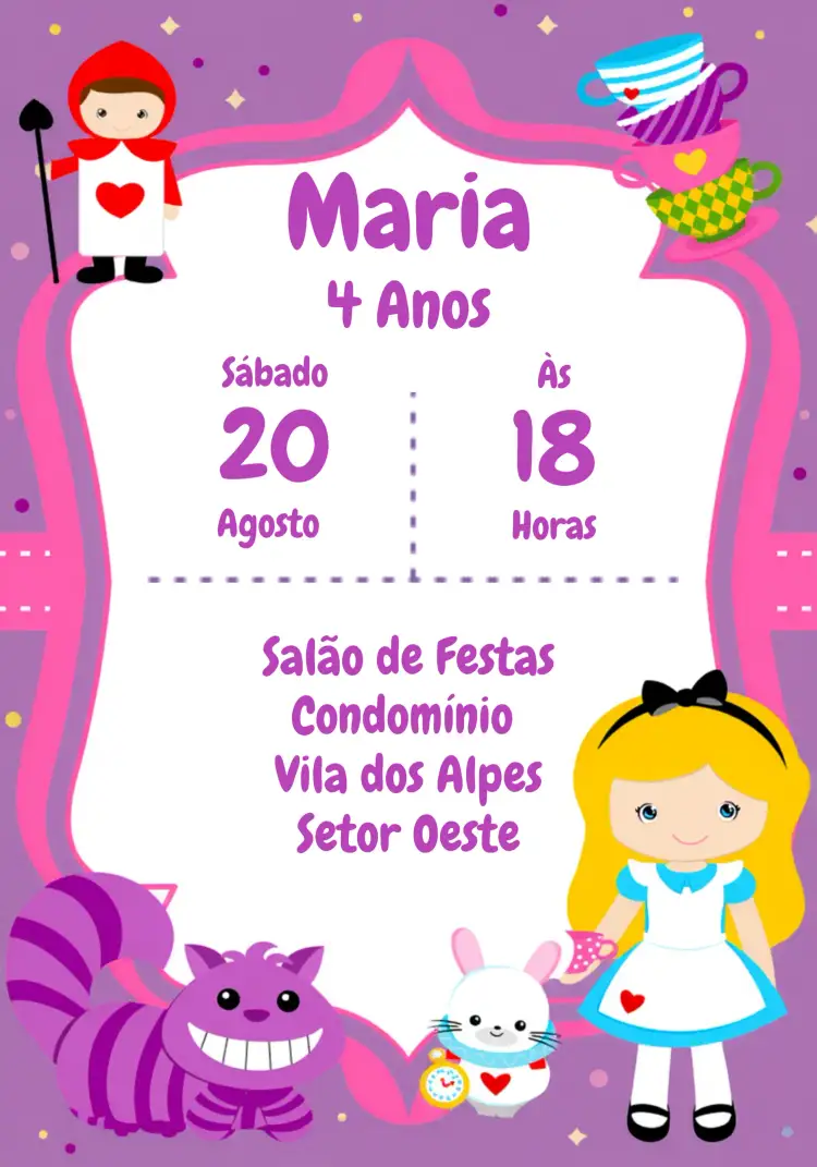 Convite Alice No País Das Maravilhas Gato – tema Datas Comemorativas colorido, lúdico, fantasia, infantil, vintage, ilustrações divertidas