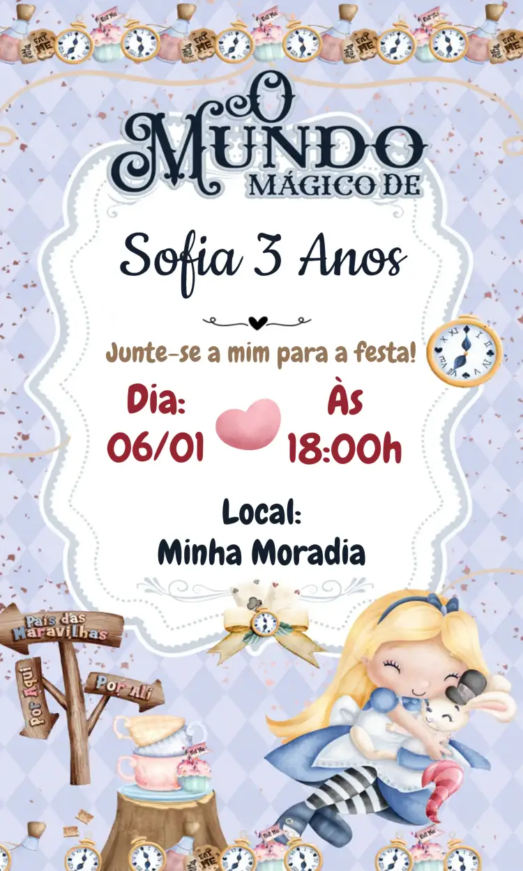 Convite Alice No Pais Das Maravilhas Infantil – tema Datas Comemorativas colorido, fantasia, ilustrações infantis, mágico, vibrante, lúdico