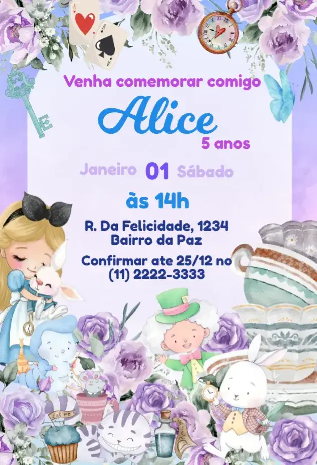 Convite Alice no Pais das Maravilhas Lilás – tema Mais pesquisados lilás, fantasia, ilustrações clássicas, carnaval de cores, elementos gráficos lúdicos, estilo vintage