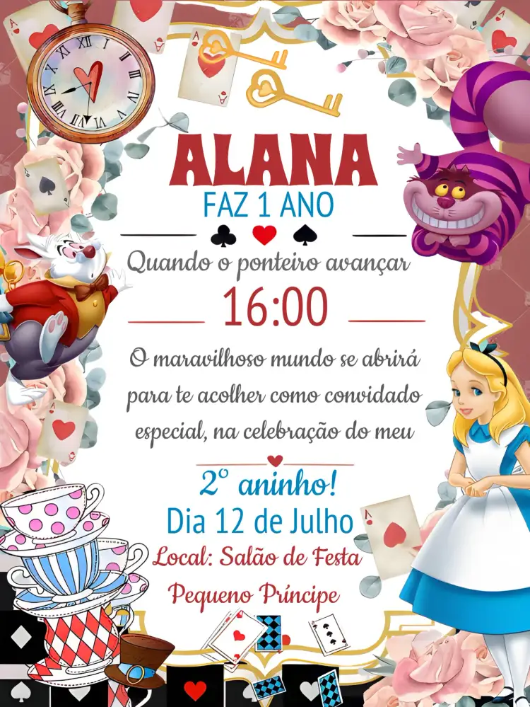 Convite Alice No País Das Maravilhas Menina – tema Datas Comemorativas cores vibrantes, ilustrações encantadoras, estilo lúdico, elementos do conto, design mágico, toque infantil