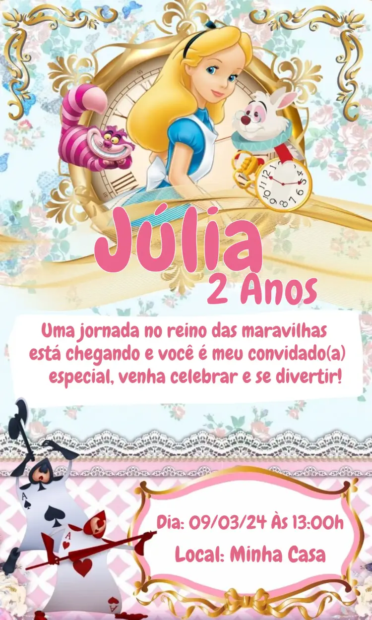 Convite Alice No País Das Maravilhas Pais editável e personalizável