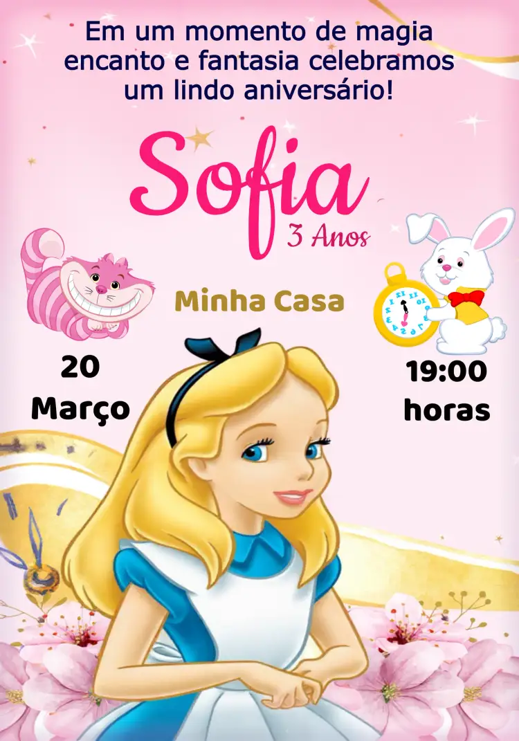 Convite Alice No País Das Maravilhas Rosa – tema Datas Comemorativas rosa e azul, fantasia, ilustrações lúdicas, estilo vintage, tema mágico, elementos gráficos encantados