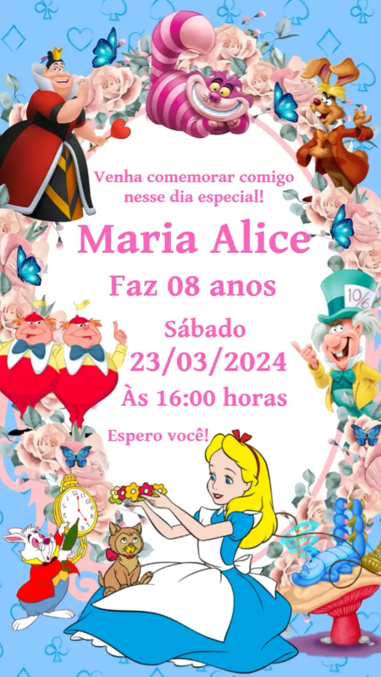 Convite Alice Pais Das Maravilhas Borboletas – tema Datas Comemorativas colorido, fantástico, lúdico, vibrante, infantil, ilustrações artísticas