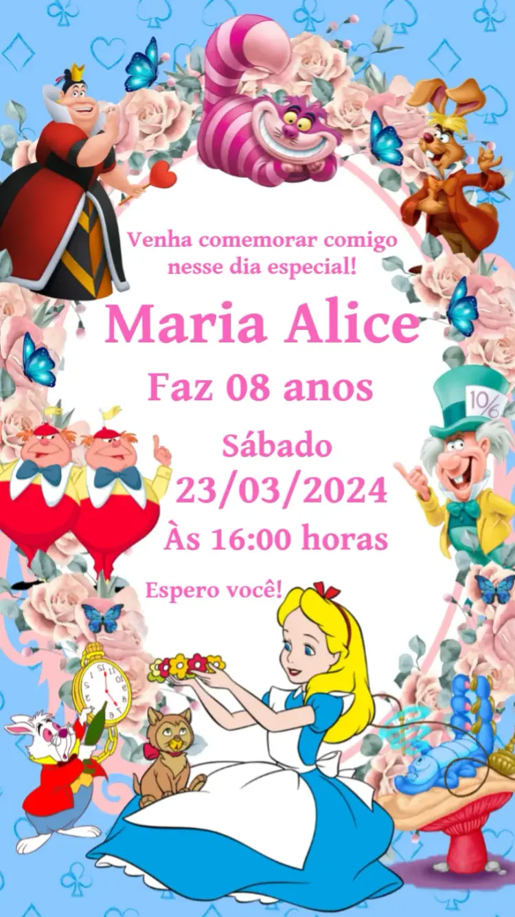 Convite Alice Pais Das Maravilhas Borboletas