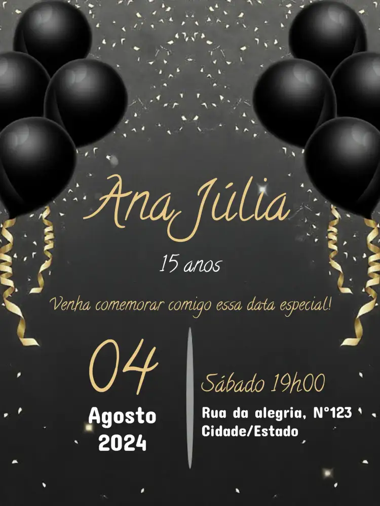 Convite All Black Balões – tema 15 anos elegante, festivo, minimalista