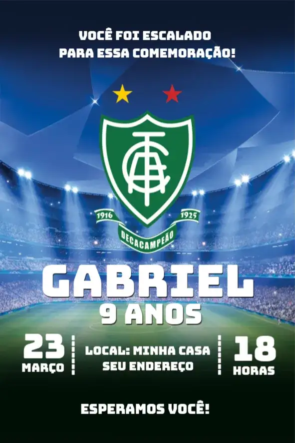 Convite América 2 – tema Aniversário futebol, vibrante, moderno, divertido, colorido