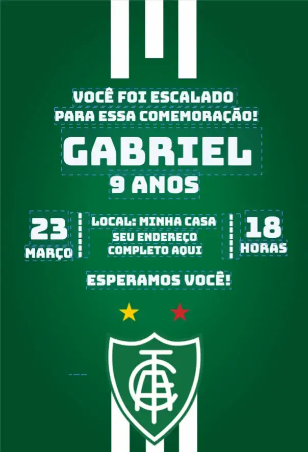 Convite América Mineiro 2 – tema Aniversário futebol, moderno, colorido, temático, alegre