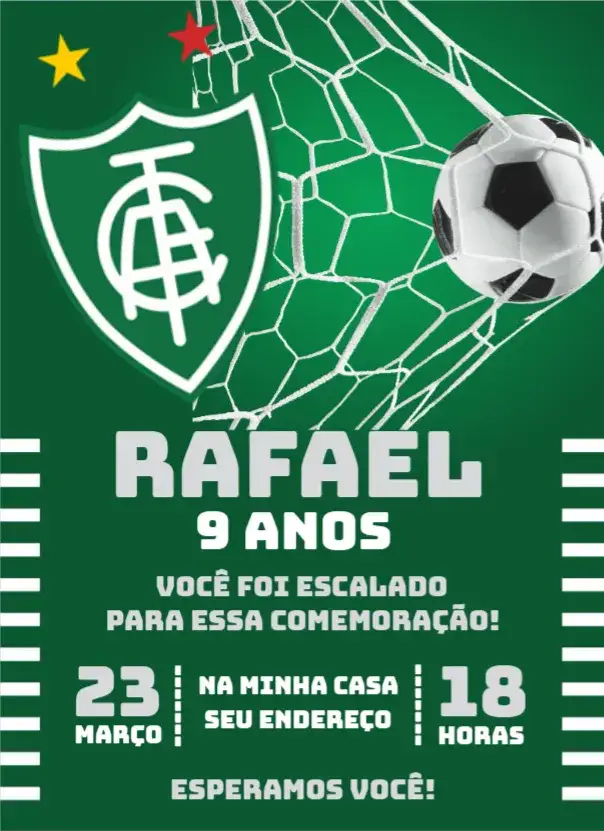 Convite América Mineiro 3 – tema Aniversário vermelho e verde, futebol, moderno, vibrante, esportivo