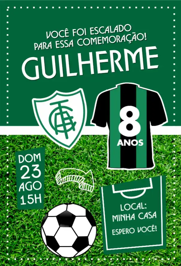 Convite América Mineiro camisa – tema Aniversário colorido, futebol, moderno, vibrante, temático, esportivo