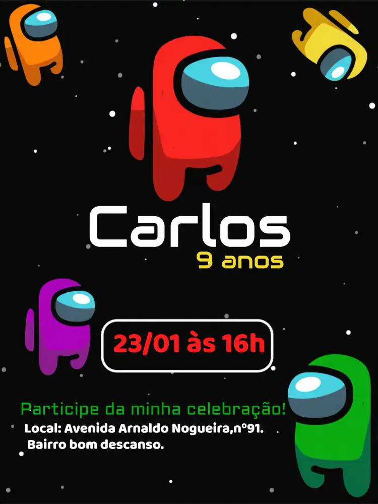 Convite Among Us Amarelo – tema Mais pesquisados temática espacial, cores vibrantes, personagens do jogo, estilo moderno, elementos gráficos divertidos