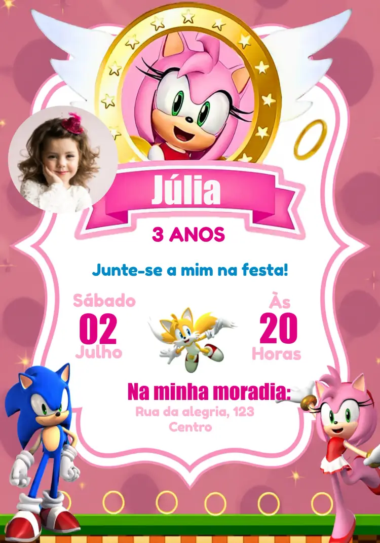Convite Amy Rose Sonic Com Foto Azul