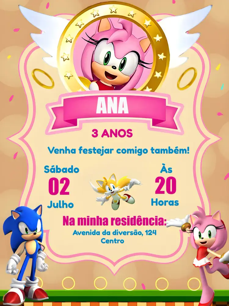 Convite Amy Rose Sonic Jogos