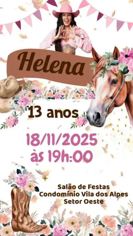 Convite Ana Castela – tema Aniversário boiadeira, colorido, vibrante, moderno, festivo