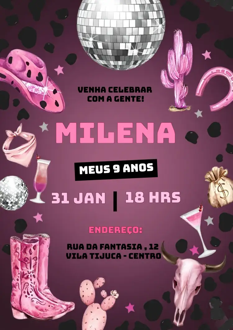 Convite Ana Castela Boiadeira – tema Aniversário Infantil rústico, temático, colorido, campestre, lúdico