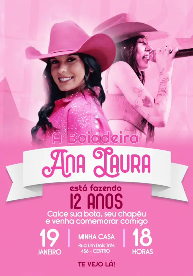 Convite Ana Castela Boiadeira Brilho – tema Mais pesquisados brilho, fazenda, carnaval, vintage, rosado, country