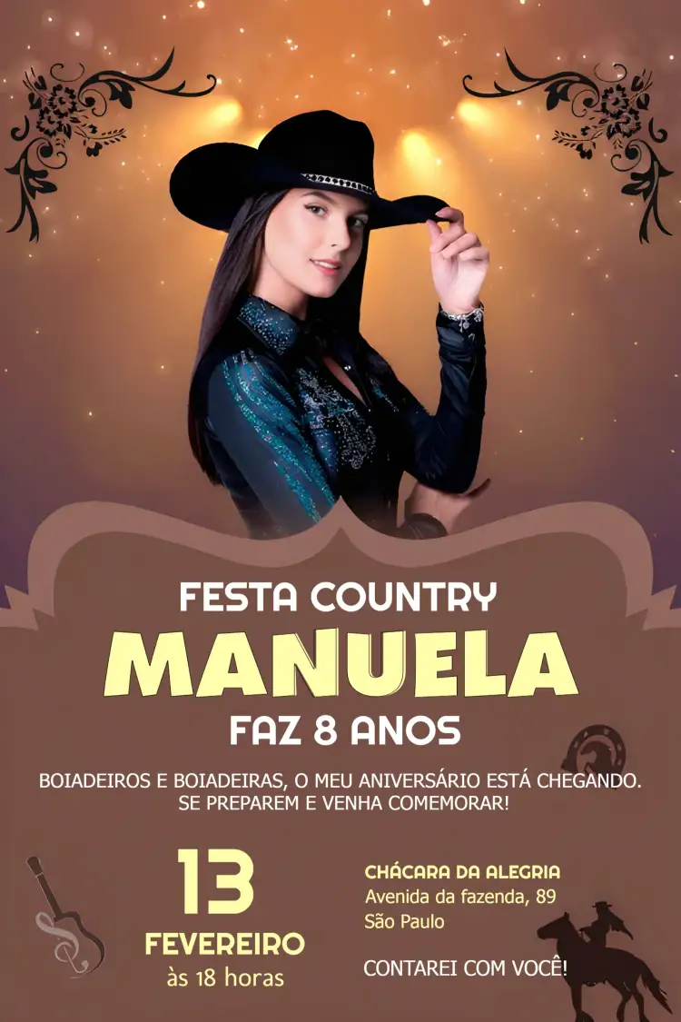 Convite Ana Castela Boiadeira Country – tema Aniversário rústico, country, terroso, vintage, natural, boho
