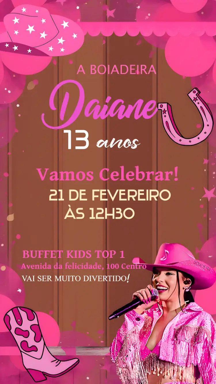 Convite Ana Castela Boiadeira Menina – tema Aniversário boiadeira, colorido, divertido, sertanejo, rosado, vintage