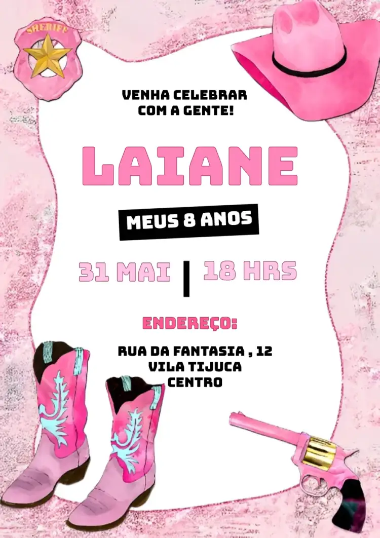 Convite Ana Castela Boiadeira Rosa – tema Aniversário Infantil rosa suave, boiadeira, infantil, festivo, colorido, divertido