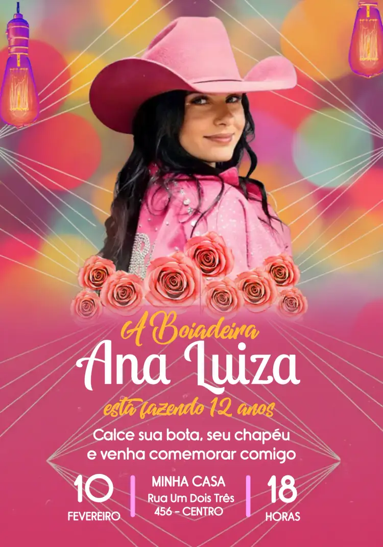 Convite Ana Castela Boiadeira Vaqueira – tema Mais pesquisados rústico, vibrante, campestre, rosa, divertido, moderno