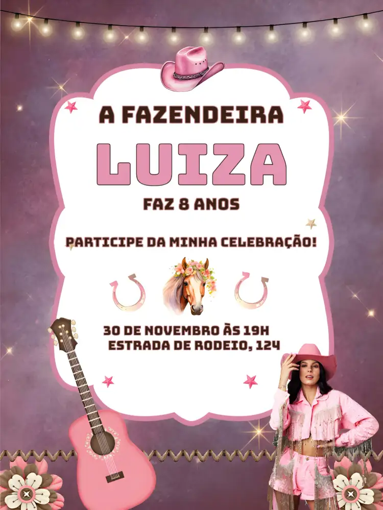 Convite Ana Castela Rodeio – tema Mais pesquisados country, boiadeira, vibrante, colorido, rústico