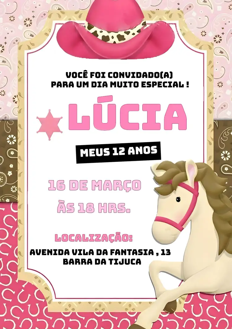Convite Ana Castela Rosa – tema Aniversário Infantil rosa, boiadeira, vaqueira, infantil, divertido