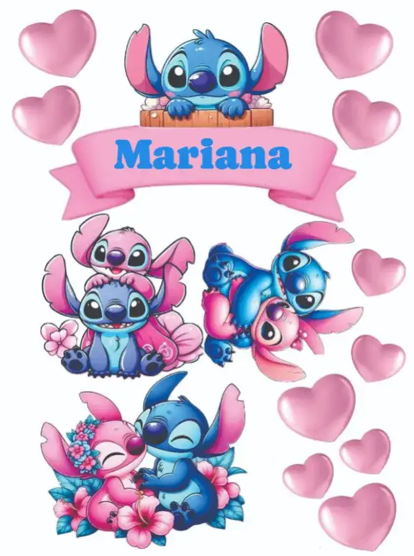 Convite Angel e Stitch – tema Topo de bolo colorido, lúdico, Disney, temático, divertido, infantil