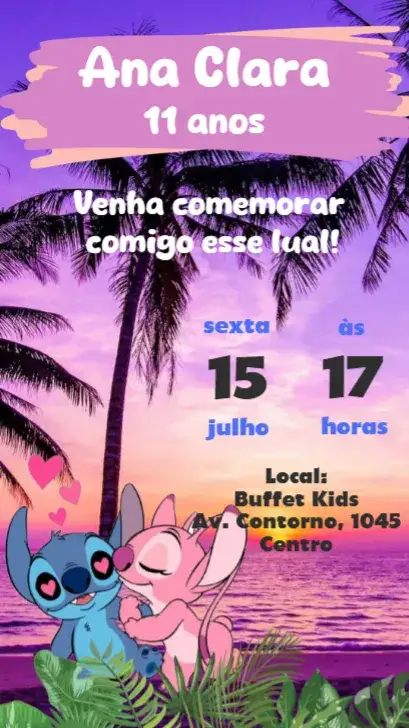 Convite Angel e Stitch Lual – tema Aniversário colorido, temático, divertido, lúdico, Disney, infantil