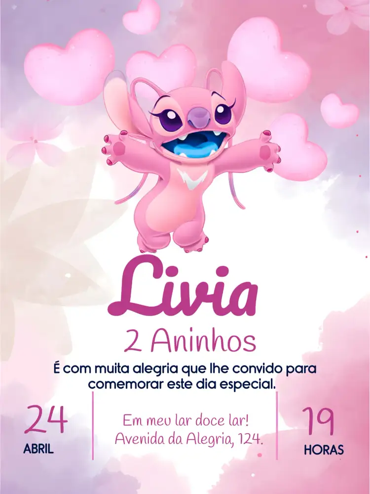Convite Angel Stitch Rosa – tema Mais pesquisados colorido, infantil, romântico, lúdico, floral