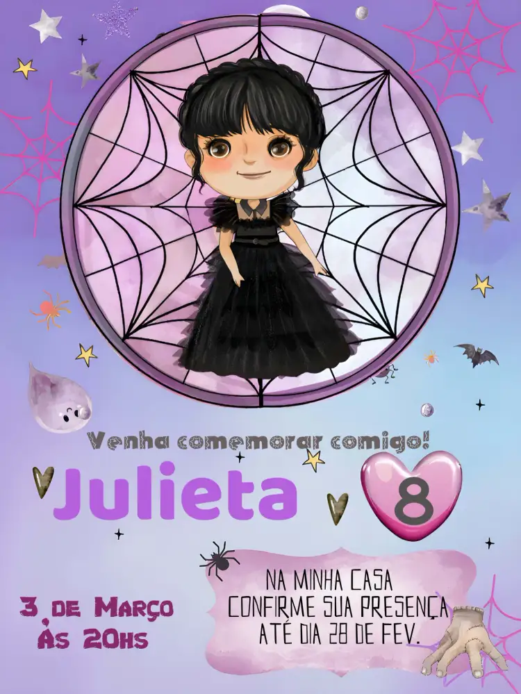 Convite Aniverário Wandinha Addams Colorido – tema Mais pesquisados colorido, gótico, temático, divertido, moderno, infantil
