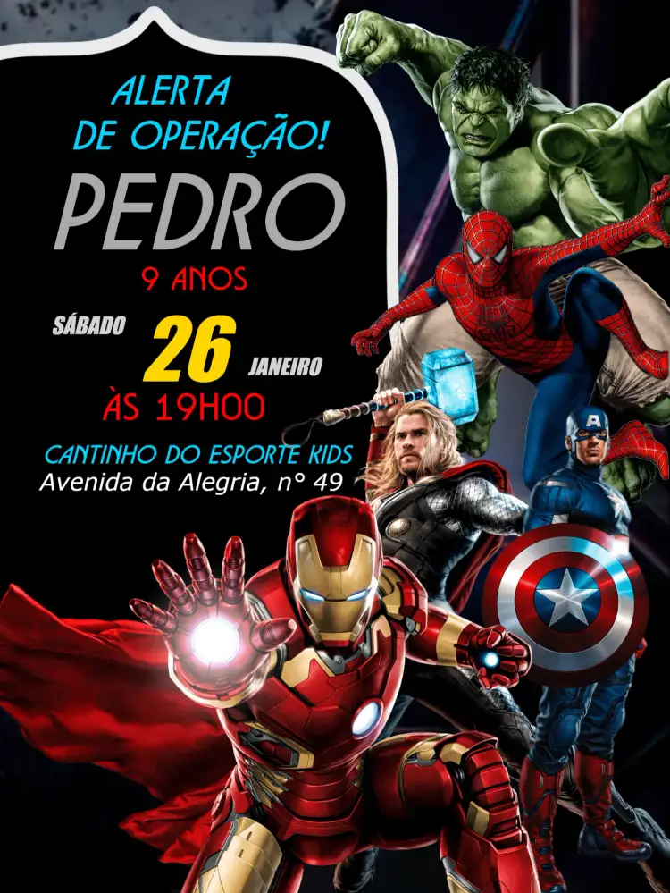 Convite Aniversári Os Vingadores Preto – tema Mais pesquisados preto, vermelho, azul, super-heróis, moderno, temático