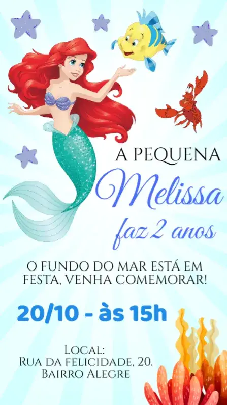 Convite Aniversário A Pequena Sereia Ariel – tema Aniversário marinho, colorido, mágico, princesa, Disney, subaquático
