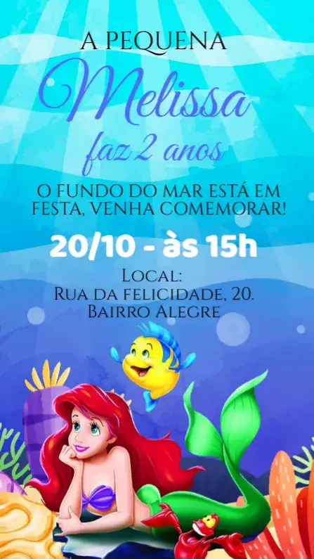 Convite Aniversário A Pequena Sereia Ariel – tema Aniversário Infantil marinho, colorido, fantasioso, princesa, divertido, mágico