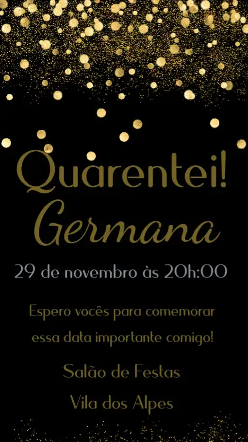 Convite Aniversário Adulto – tema Aniversário dourado, preto, moderno, elegante, minimalista