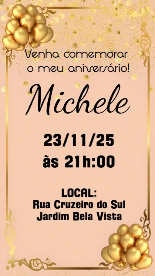 Convite Aniversário Adulto – tema Aniversário dourado, moderno, elegante, balões, minimalista