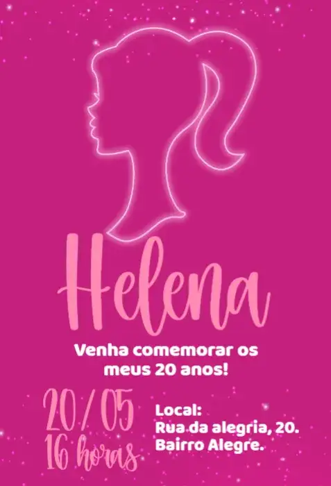 Convite aniversário Barbie – tema Aniversário rosa, brilho, glitter, feminino, divertido, moderno