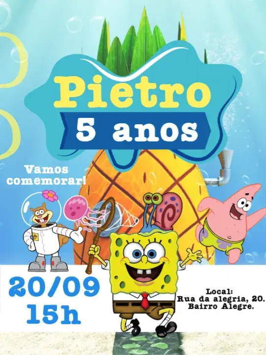 Convite Aniversário Bob Esponja – tema Aniversário Infantil colorido, marinho, divertido, infantil, animado, temático