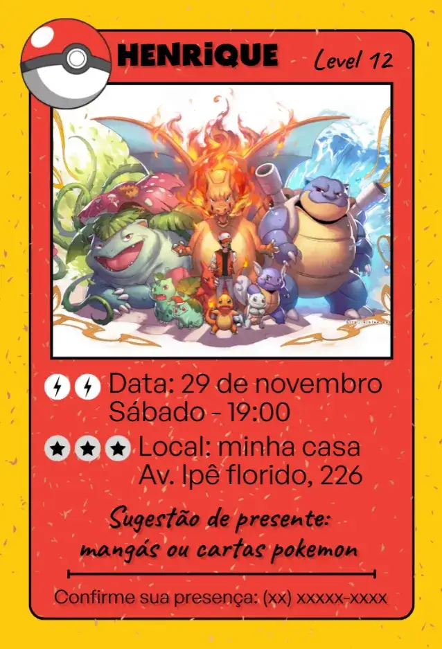 Convite Aniversário Card Pokemon – tema Aniversário Infantil colorido, divertido, temático, jovial, lúdico