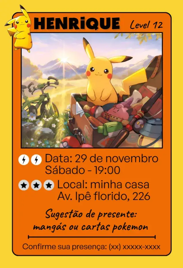 Convite Aniversário Card Pokémon – tema Aniversário Infantil colorido, divertido, jogos, aventura, infantil
