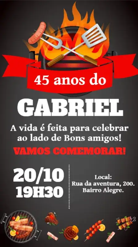 Convite Aniversário Churrasco adulto – tema Aniversário boteco, moderno, vibrante, descontraído, masculino