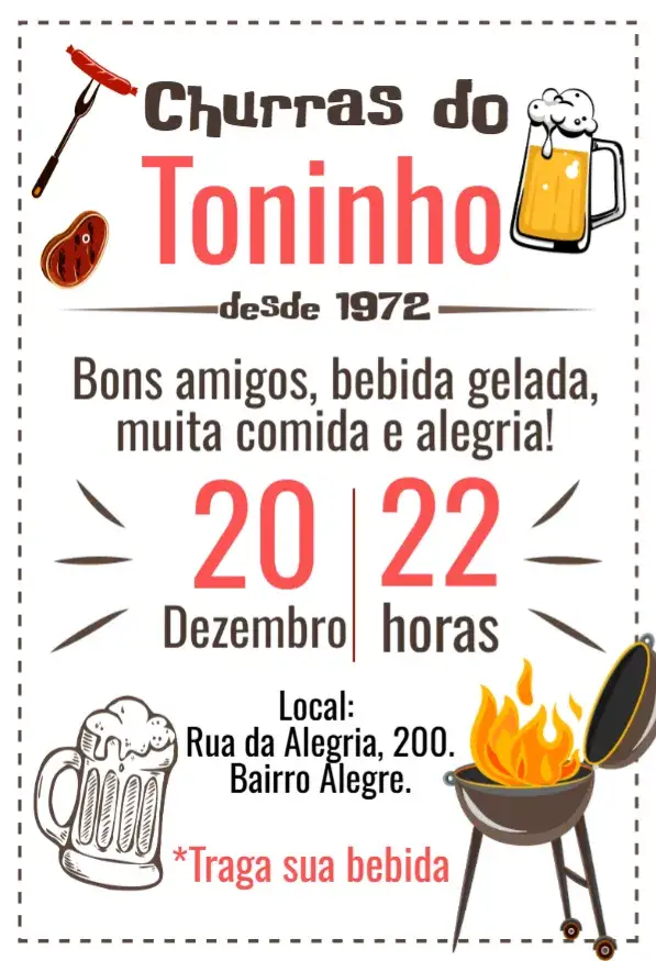 Convite Aniversário Churrasco Boteco – tema Aniversário vibrante, moderno, descontraído, cores quentes, elementos gráficos de churrasco