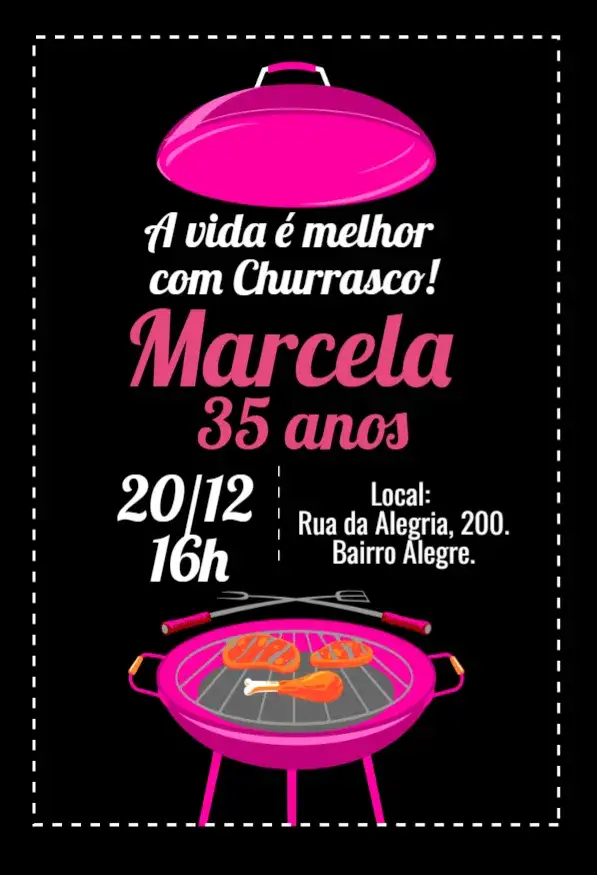 Convite Aniversário Churrasco Rosa – tema Aniversário rosa, divertido, moderno, churrasco, feminino, celebração