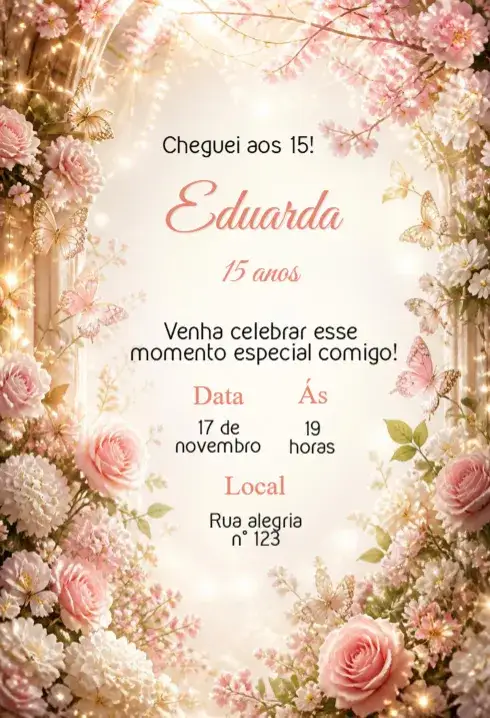 Convite Aniversário de 15 Anos – tema 15 anos romântico, floral, glamouroso, moderno, vintage