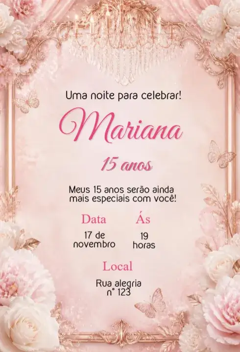 Convite Aniversário de 15 Anos – tema 15 anos moderno, elegante, floral, dourado, vintage