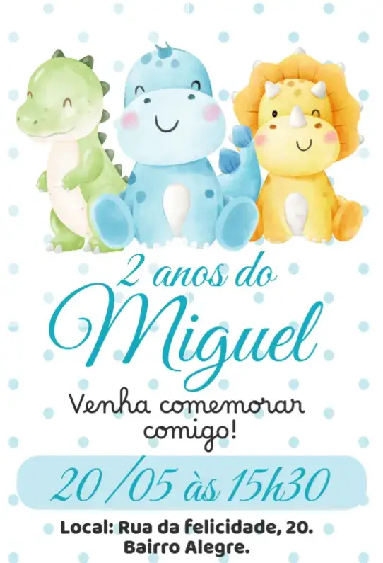 Convite Aniversário Dino Baby aquarela – tema Aniversário Infantil aquarela, colorido, lúdico, divertido, temático, infantil