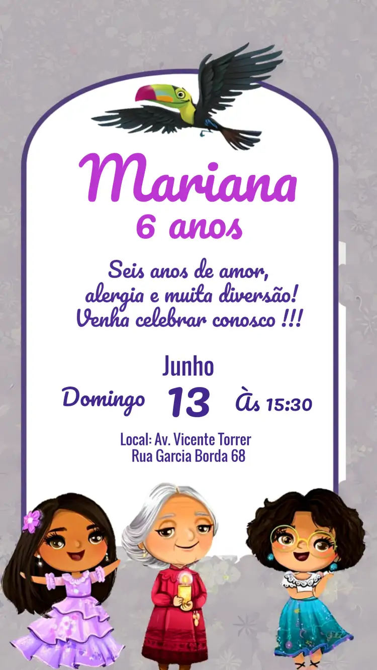 Convite Anivérsario Encanto Madrigal Festa – tema Aniversário Infantil cores vibrantes, elementos de fantasia, inspirado em Madrigal, gráficos coloridos, design alegre, estilo mágico