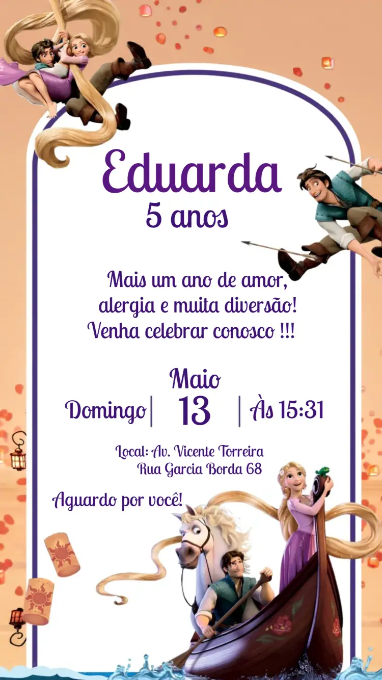 Convite Anivérsario Enrolados Rapunzel Infantil – tema Aniversário Infantil colorido, mágico, lúdico, infantil, temático, divertido