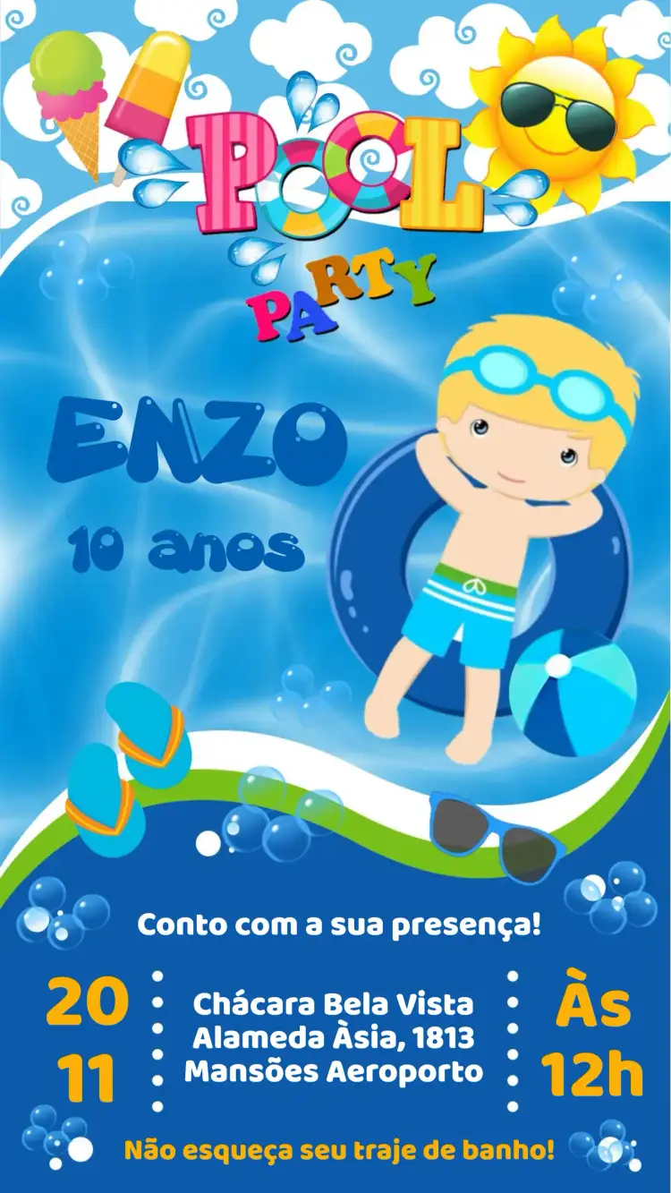 Convite Aniversário Festa na Piscina – tema Aniversário colorido, tropical, divertido, marinho, descontraído, infantil