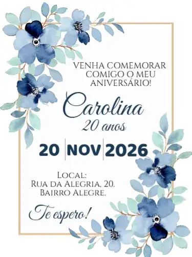 Convite Aniversário Floral azul – tema Aniversário floral, azul, dourado, elegante, moderno, vibrante