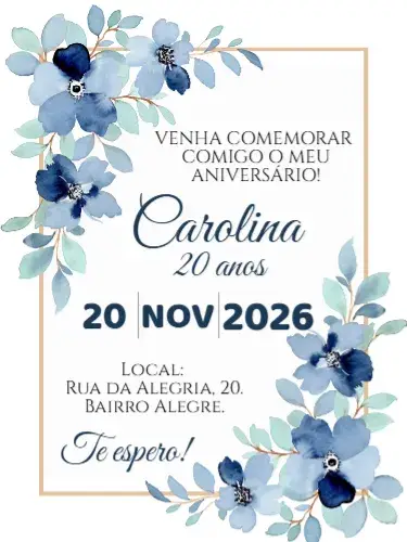 Convite Aniversário Floral azul