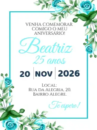 Convite Aniversário floral azul claro – tema Aniversário floral, delicado, azul claro, moderno, feminino